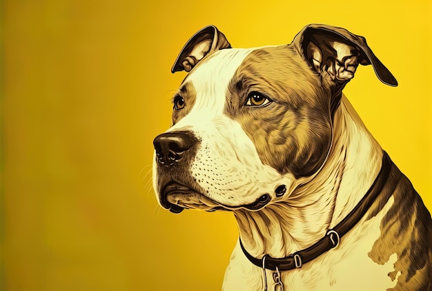 American Staffordshire Terrier laying portrait solitary on a yellow backdrop