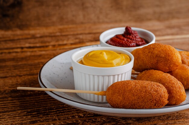 American street food concept. Corn dogs with mustard and ketchup on wooden wall.