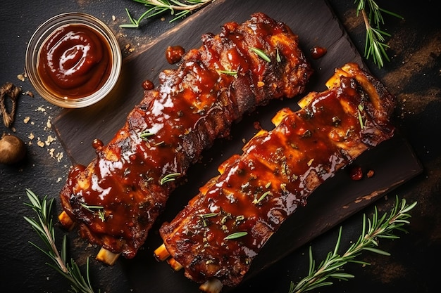 American style pork ribs Delicious smoked pork spareribs glazed in BBQ sauce Top view