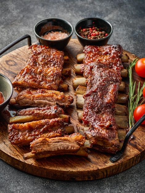 American style pork ribs Delicious smoked pork spareribs glazed in BBQ sauce