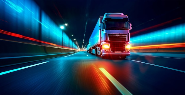 American style truck on the freeway highway pulling cargo Transport concept AI generated image