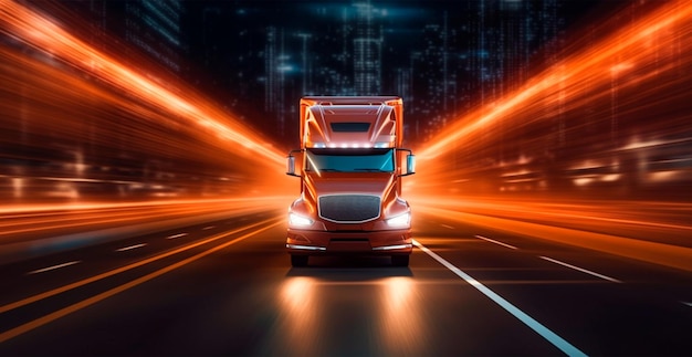Грузовик в американском стиле на автостраде, тянущий груз Транспортная концепция Изображение, созданное искусственным интеллектом
