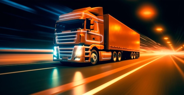 American style truck on the freeway highway pulling cargo Transport concept AI generated image