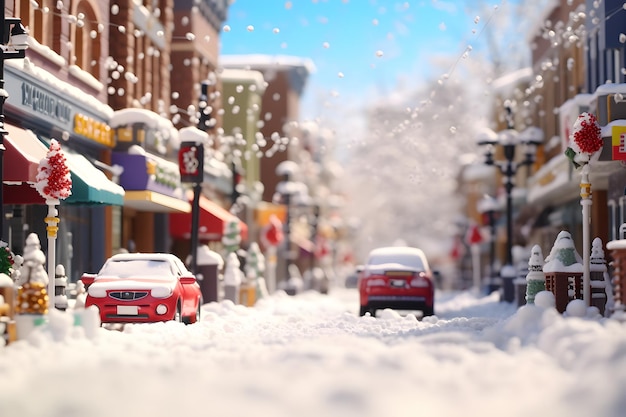American toy town street view at snowy winter day neural network generated image