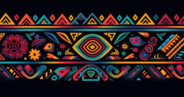 黒い背景に色とりどりの幾何学的なデザインを持つアメリカの部族のパターン