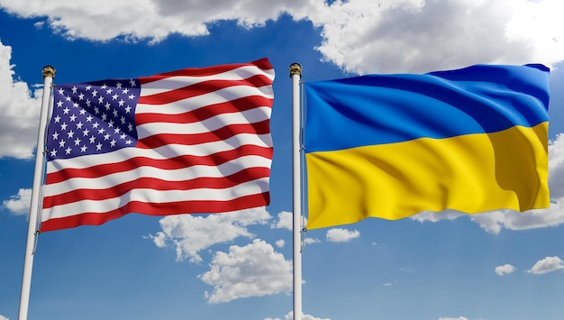 American and Ukrainian flags over blue sky Concept of diplomacy agreement international relations trading business between USA and Ukraine 3D rendering