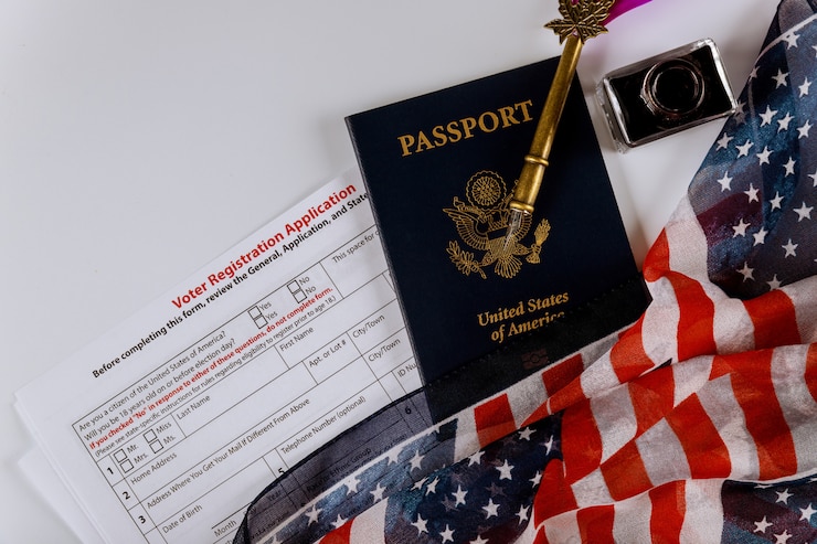 Photo american vote registration form for presidential election with flag of usa and passport