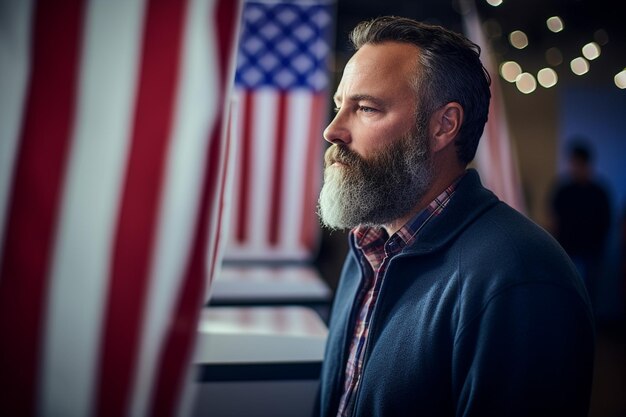 American voter in a polling station voting to decide the next president of the united states