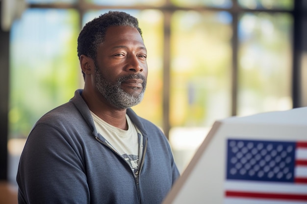 American Voter in a Polling Station Voting to Decide The Next President of the United States