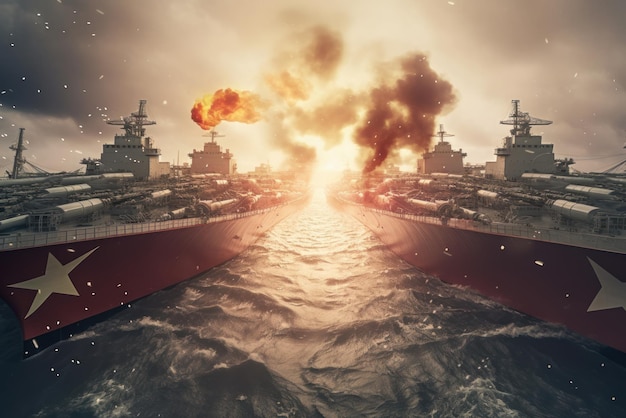 American warships with stars on their sides are ready for a naval battle decks of warships with many