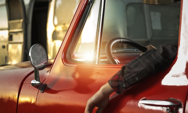 American West Rancher Inside His Classic Pickup Truck Close Up