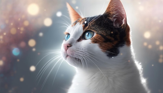 American Wirehair Cat Medium Shot White Pink Blue Magical Fantasy Bokeh Generative AI