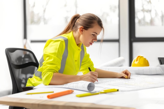 American woman engineer working on blueprints