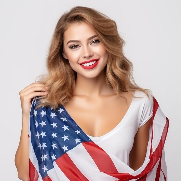 American woman photo smiling with flag 4th july with white background