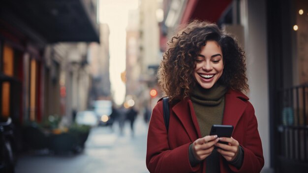 American woman smiling confident using smartphone at street