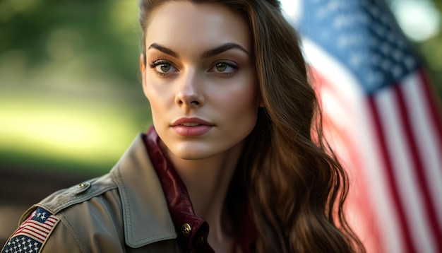 american woman with loose hair with usa flag