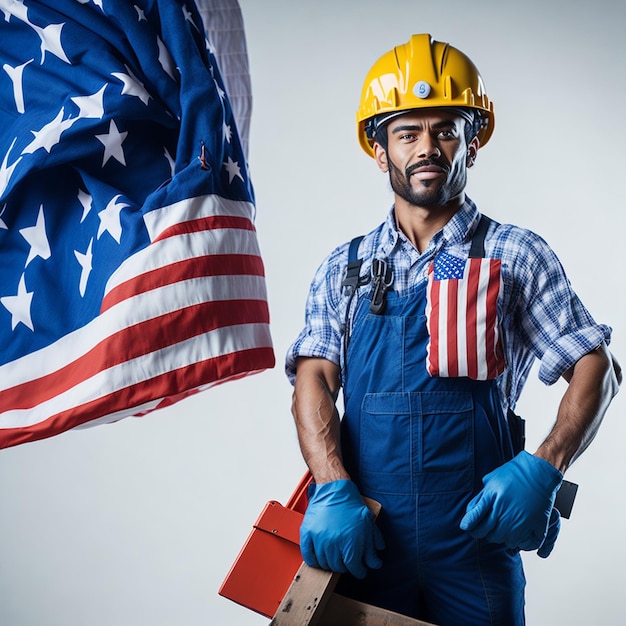 Foto operaio americano che indossa un cappello giallo e tiene in mano una cassetta degli attrezzi con la bandiera americana sullo sfondo