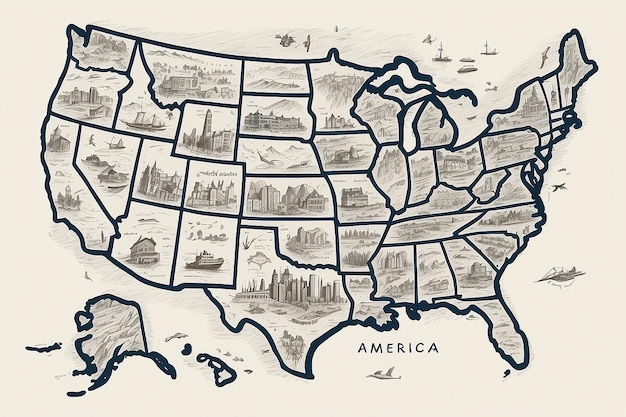 Фото Американская художественная рукописная карта западного полушария