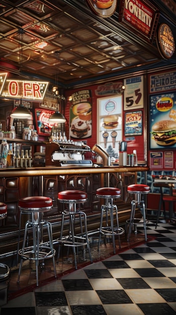 사진 아메리칸 로드하우스 식당 장면 소다 분수와 록 앤 롤 포스터가 있는 빈티지 햄버거 바