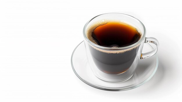 Foto caffè nero americano con schiuma naturale in tazza di vetro trasparente sullo sfondo bianco generativo ai