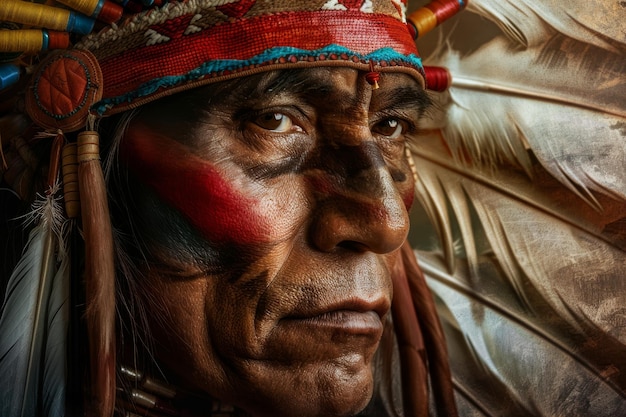 Americans Indian Man Native Portrait American Indian Man from Tribe with Painted Face Stern Look