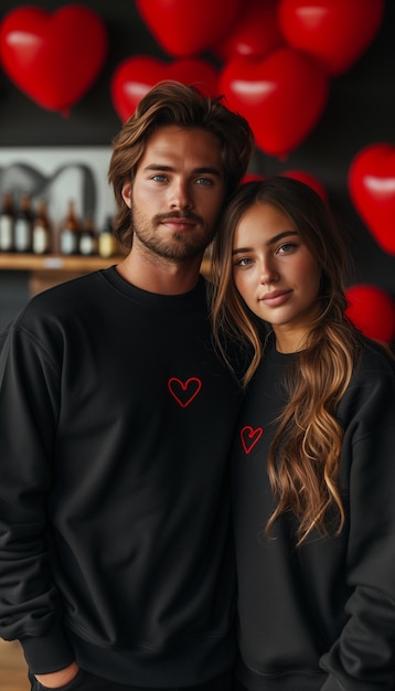 Amerikaans echtpaar staat te midden van rode hartvormige ballonnen die de romantiek van Valentijnsdag oproepen met een subtiel schaduweffect