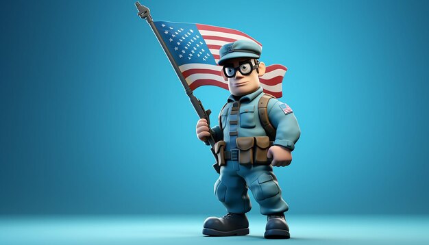 Foto amerikaans soldaat karikatuurkarakter met groot oog met amerikaanse vlag wandelende pose met lichtblauw