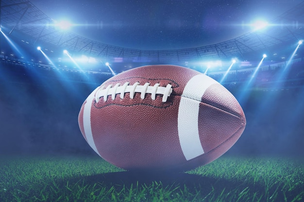 Amerikaans voetbalkampioenschap met een leren bal op het gras in een stadion met heldere schijnwerpers Amerikaanse voetbal op het veld Americas Cup Football Championship Creatief idee
