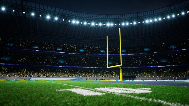 Amerikaans voetbalnachtstadion met fans verlicht door schijnwerpers die wachten op game