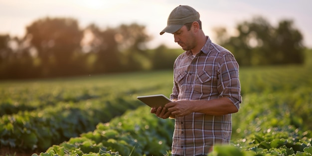 Amerikaanse agronoom die in het veld staat en naar zijn iPad kijkt