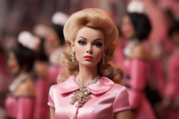 Foto amerikaanse barbiepop met lang blond haar in barbie retrostijl