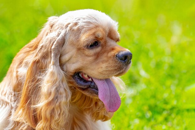 Amerikaanse Cocker Spaniel met lange bruine vacht op een achtergrond van gras bij zonnig weer