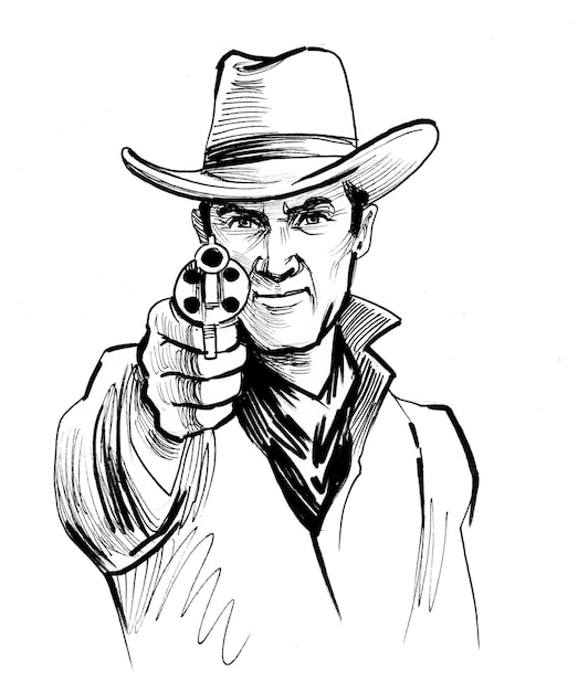 Amerikaanse cowboy die een pistool op je richt. Inkt zwart-wit tekening