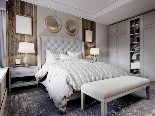Amerikaanse design slaapkamer met wit groot bed met gewatteerd hoofdeinde met wandpanelen en donkerhouten parket 3D-rendering