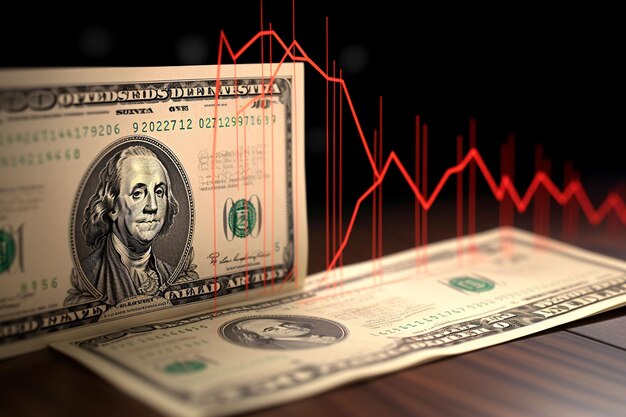 Amerikaanse dollarbiljetten gestapeld op een tafel met een opwaartse grafiek