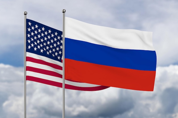 Amerikaanse en Russische vlag op hemelachtergrond 3D illustratie