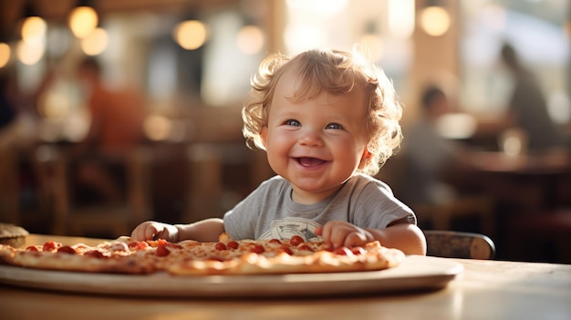 Amerikaanse gelukkige baby zit aan tafel met smakelijke knapperige verse pizza