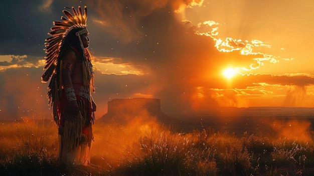 Foto amerikaanse indianen bij zonsondergang