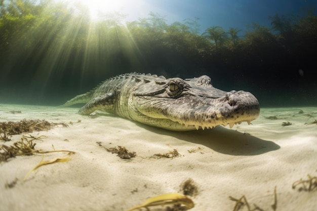 Amerikaanse krokodil in een zanderige mariene omgeving onder water generatieve IA