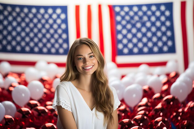 Foto amerikaanse mensen poseren met grote amerikaanse vlaggen als achtergrond voor onafhankelijkheidsdag