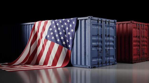 Amerikaanse nationale vlag en containerdoos 3D-rendering