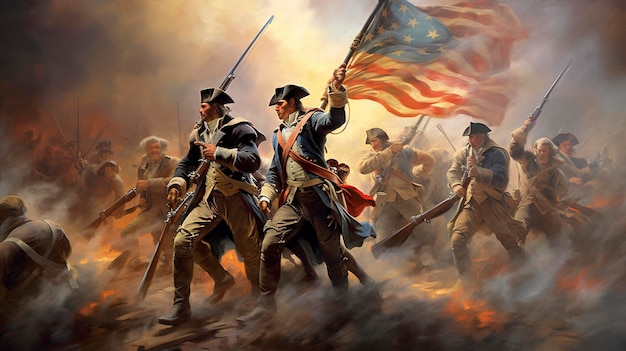 Foto amerikaanse onafhankelijkheidsoorlog de paardenkanonnen van het slagveld en de amerikaanse vlag