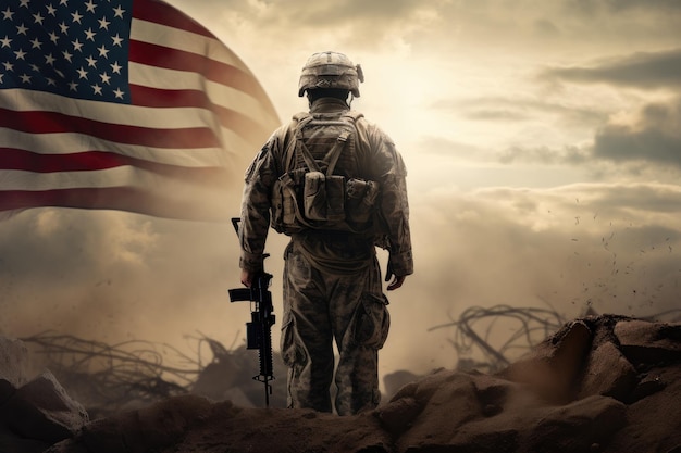 Amerikaanse soldaat in de woestijn met een Amerikaanse vlag op de achtergrond