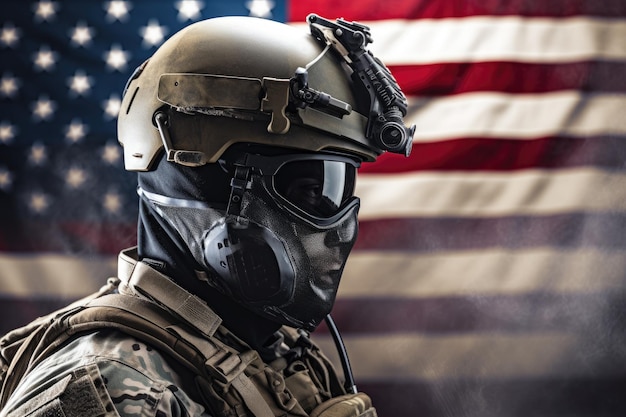 Amerikaanse soldaat in militair uniform en gasmasker op Amerikaanse vlag achtergrond AI gegenereerd