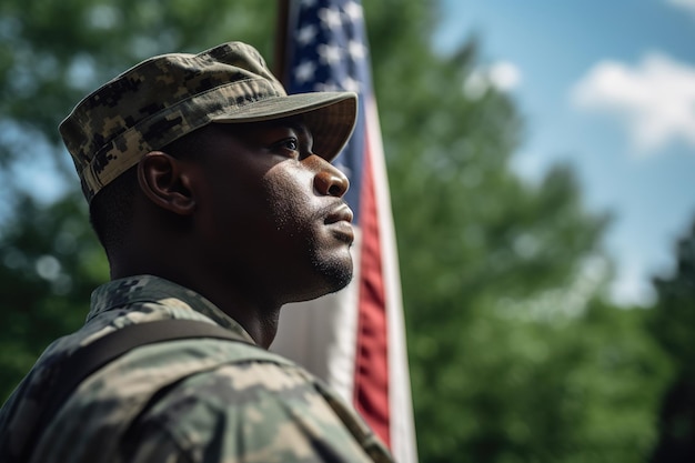 Amerikaanse soldaat portret ons vlag achtergrond Generatieve AI