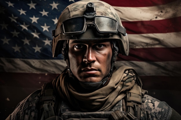 Amerikaanse soldaat tegen donkere achtergrond Amerikaanse vlag