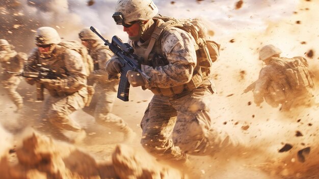Amerikaanse soldaten vechten op het slagveld Marines speciale troepen vuur aanval in de oorlogvoering