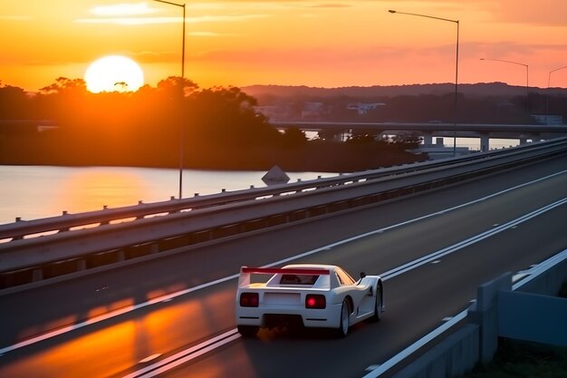 Amerikaanse sportwagen op de achtergrond van zonsondergang en palmbomen neuraal netwerk ai gegenereerd