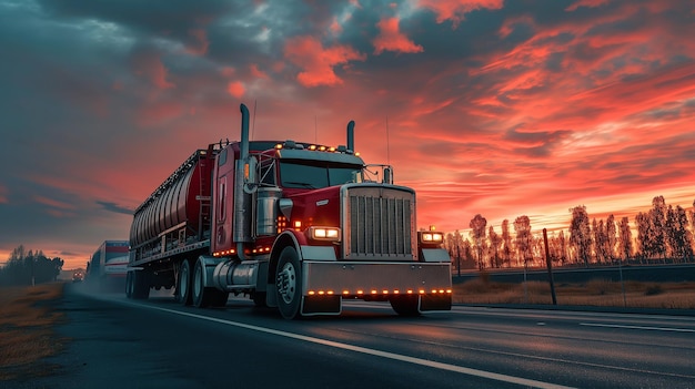 Amerikaanse stijl vrachtwagen op de snelweg die lading trekt Transport thema Straat auto's thema