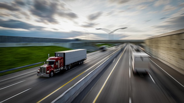 Foto amerikaanse stijlvrachtwagen op snelweg die lading trekt transportthema 3d illustratie